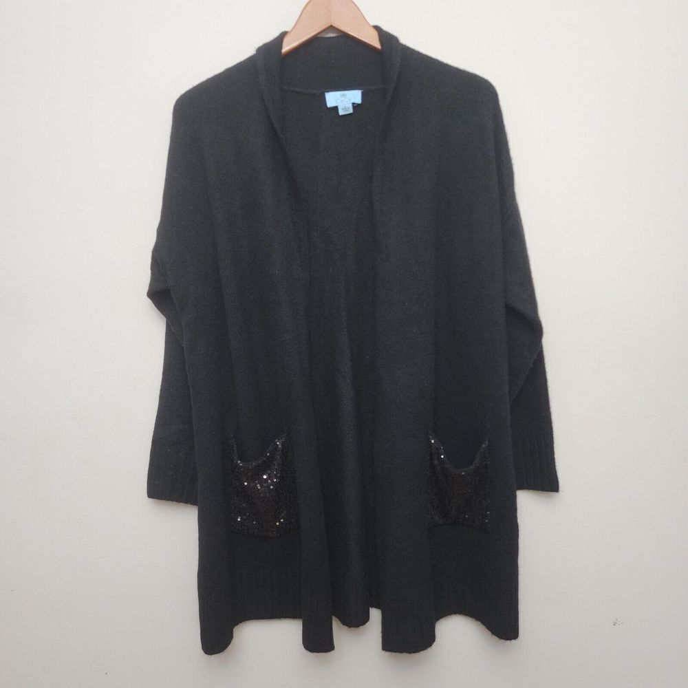 Anthropologie CeCe Black‎ Open Front Cardigan with Sequin Pockets Size S Party